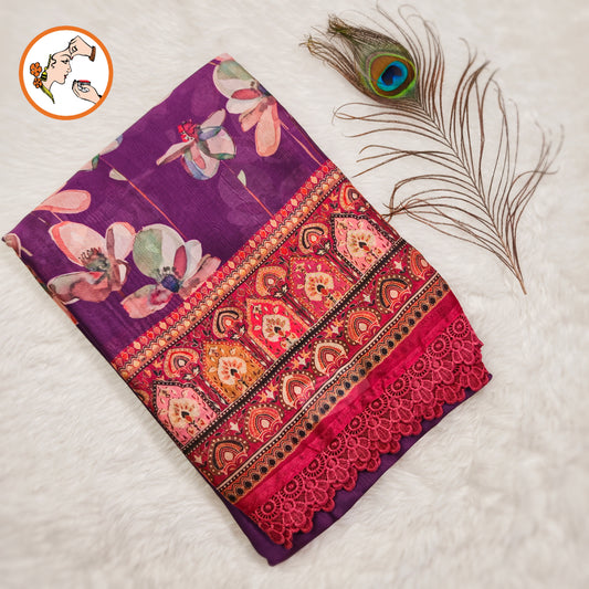 Purple Floral Designer Georgette Saree wth lace border