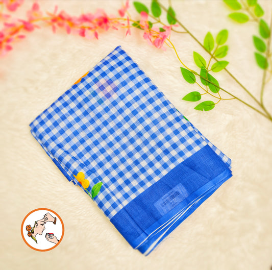 Blue checks pattern Linen Cotton Casual Saree