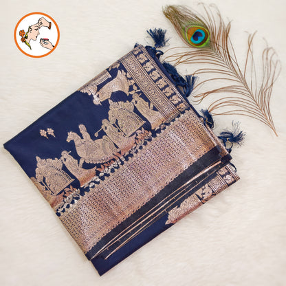 Dark Blue Pallakku Banarasi Soft Silk Saree