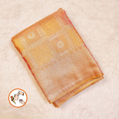 Rose Gold checkered pattern Kanchipuram Bridal High Tissue Silk Saree
