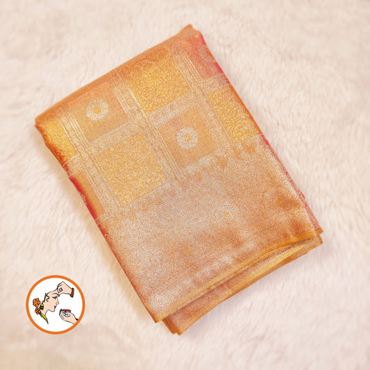 Rose Gold checkered pattern Kanchipuram Bridal High Tissue Silk Saree