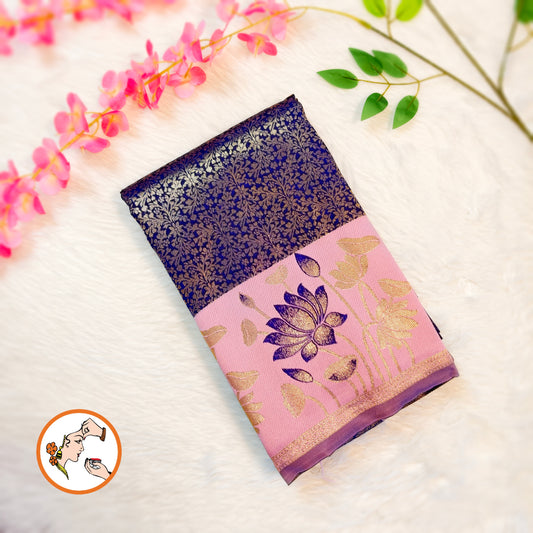 Blue with Pink Lotus border Fancy Semi Silk Saree