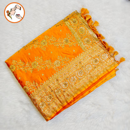 Golden Yellow floral Jaal design Pure Banarasi Silk Partywear Saree