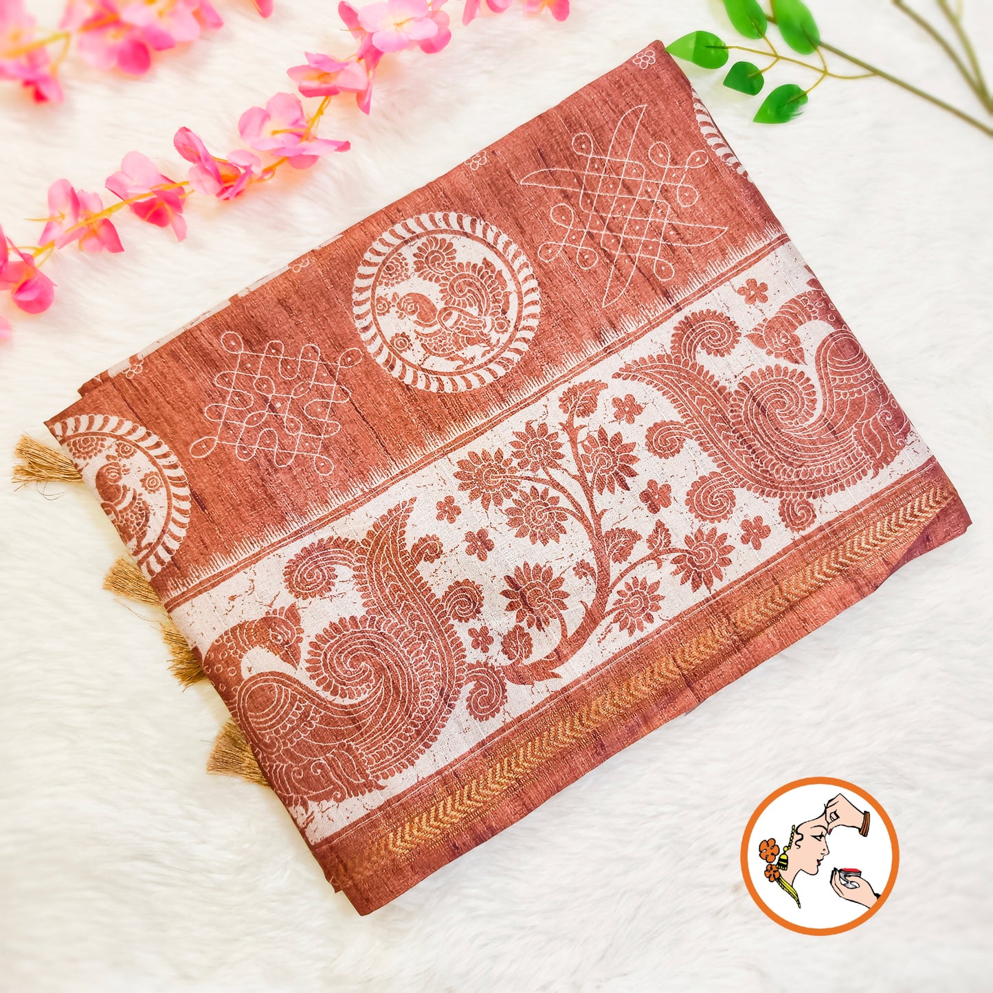 Brown Kalamkari Tussar Silk Saree with Kolam & Elephant Peacock butta
