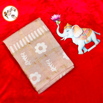 Rosy Beige checks Saree with Flower butta Soft Cotton Casual Saree