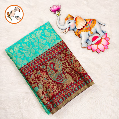 Turquiose Green with Maroon Fancy border Bridal Kanchipuram Mix Silk Saree
