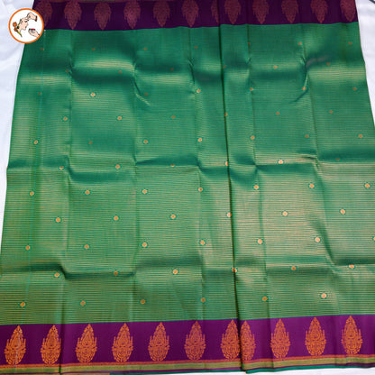 Green & Purple Semi Silk Saree with horizontal stripes & fancy border
