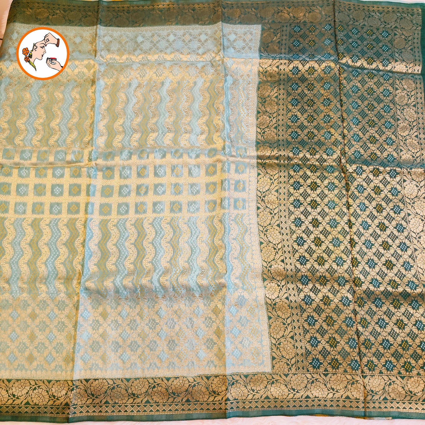 Sage Green with Dark Green border Rich Gold zari work Georgette Silk Fancy Saree