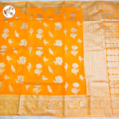 Orange Pure Organza Designer Saree with contrast Maroon blouse