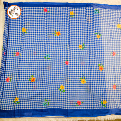 Blue checks pattern Linen Cotton Casual Saree
