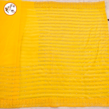 Yellow stonework Partywear Chiffon Saree