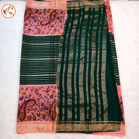 Dark Green & baby Pink with designer semi Mysore Silk Saree