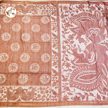 Brown Kalamkari Tussar Silk Saree with Kolam & Elephant Peacock butta