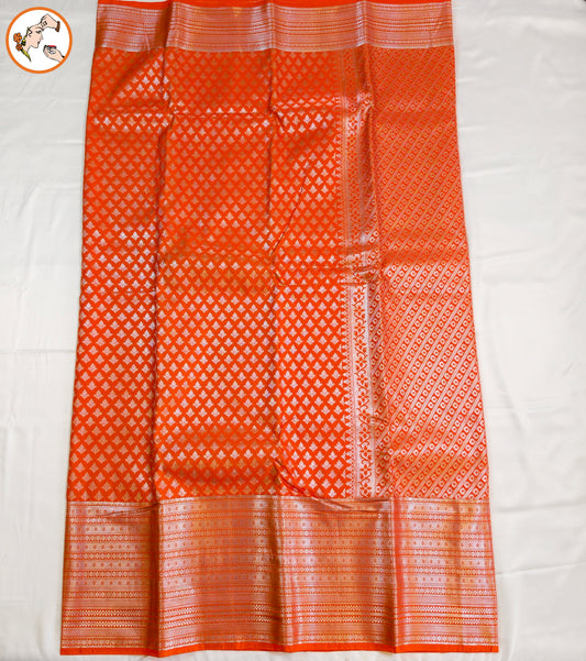 Orange Traditional 1000 butta Kanchipuram Silk Saree with Silver jari