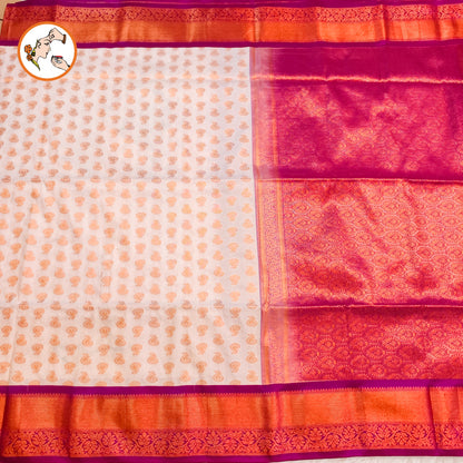 White with Purple vertical lines Copper zari Kanchipuram Soft Silk Saree