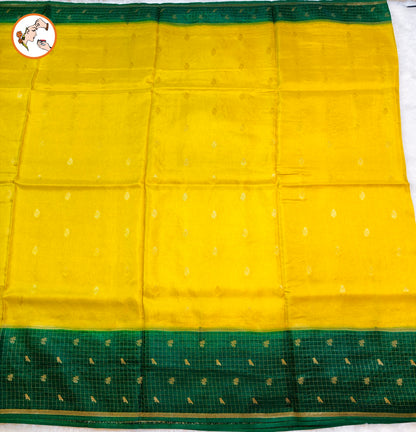 Yellow Viscose Soft Silk Sareewith Dark Green checks border