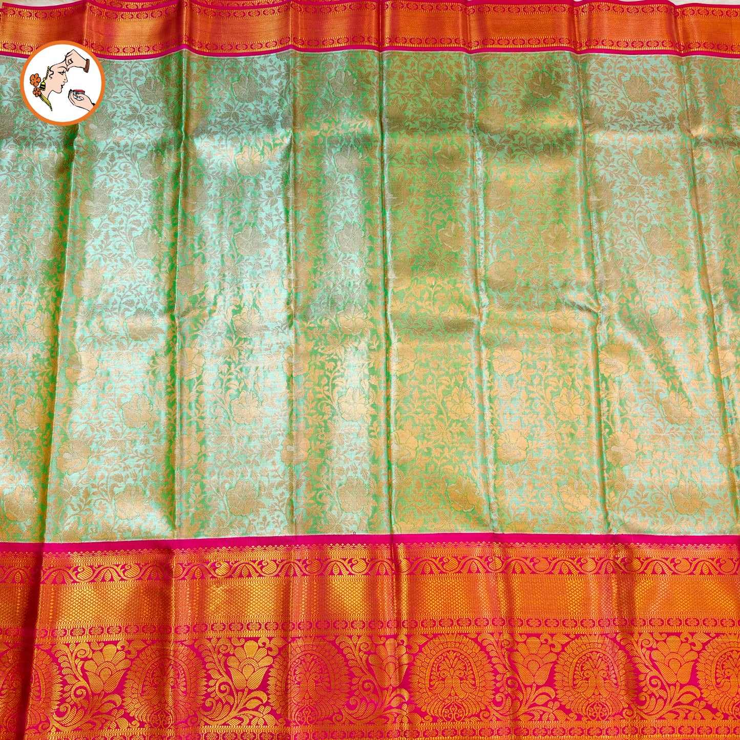 Pista/Sea Green with Pink border Kanchipuram Tissue Silk Saree with Intricate Floral & Vine patters
