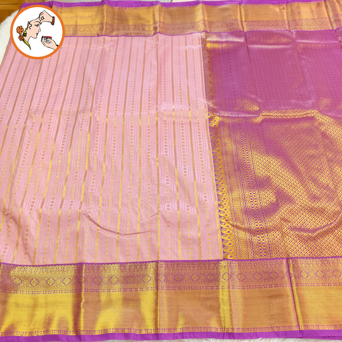 Lavender with Purple Gold zari woven border with vertical stripes Kanchipuram mix Silk Saree