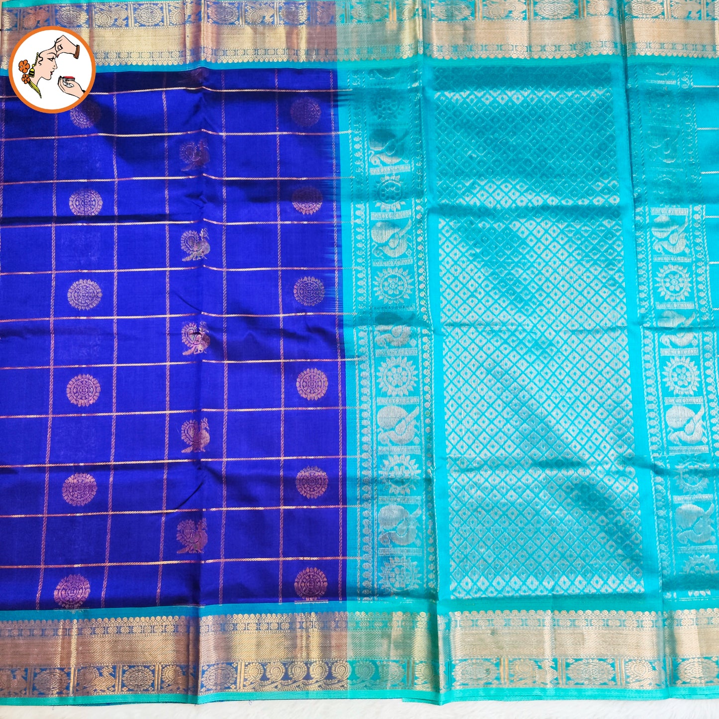 Royal Blue with Sky Blue Traditional Kattam & Mayil chakram design Pure Silk Cotton Saree