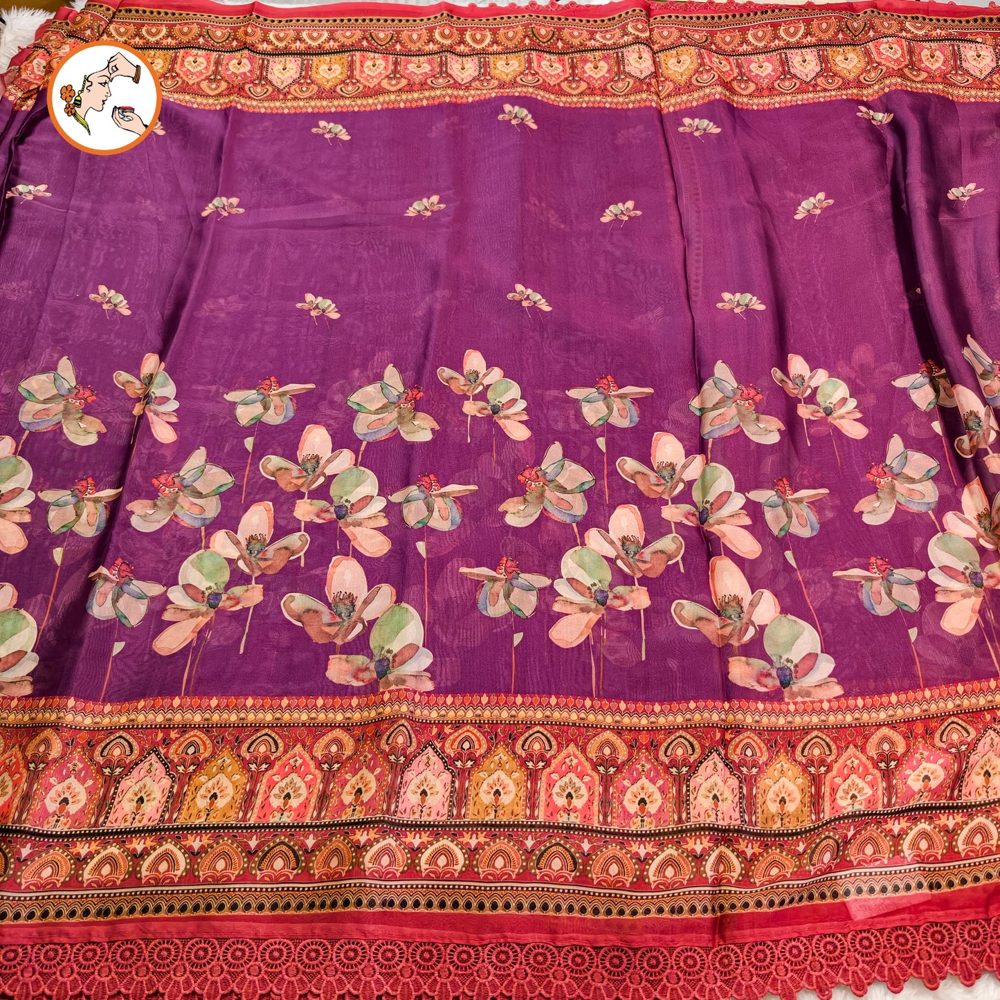 Purple Floral Designer Georgette Saree wth lace border