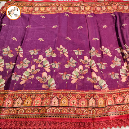 Purple Floral Designer Georgette Saree wth lace border
