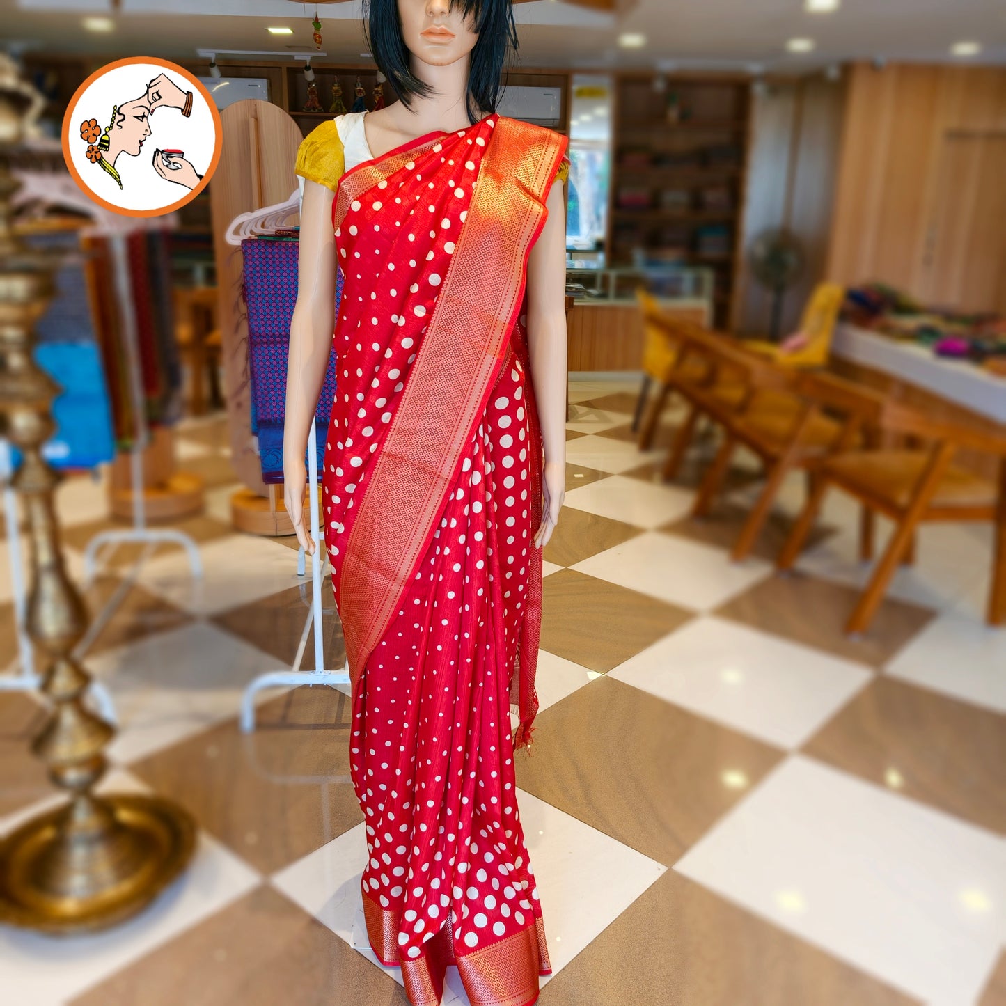 Red Retro theme Polka dots Dola Silk Casual saree