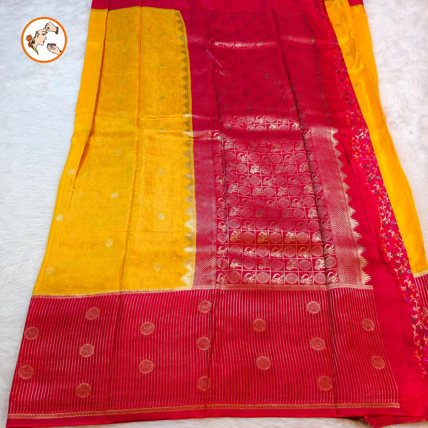 Yellow Viscose Fancy Silk Saree with Red vertical stripes border