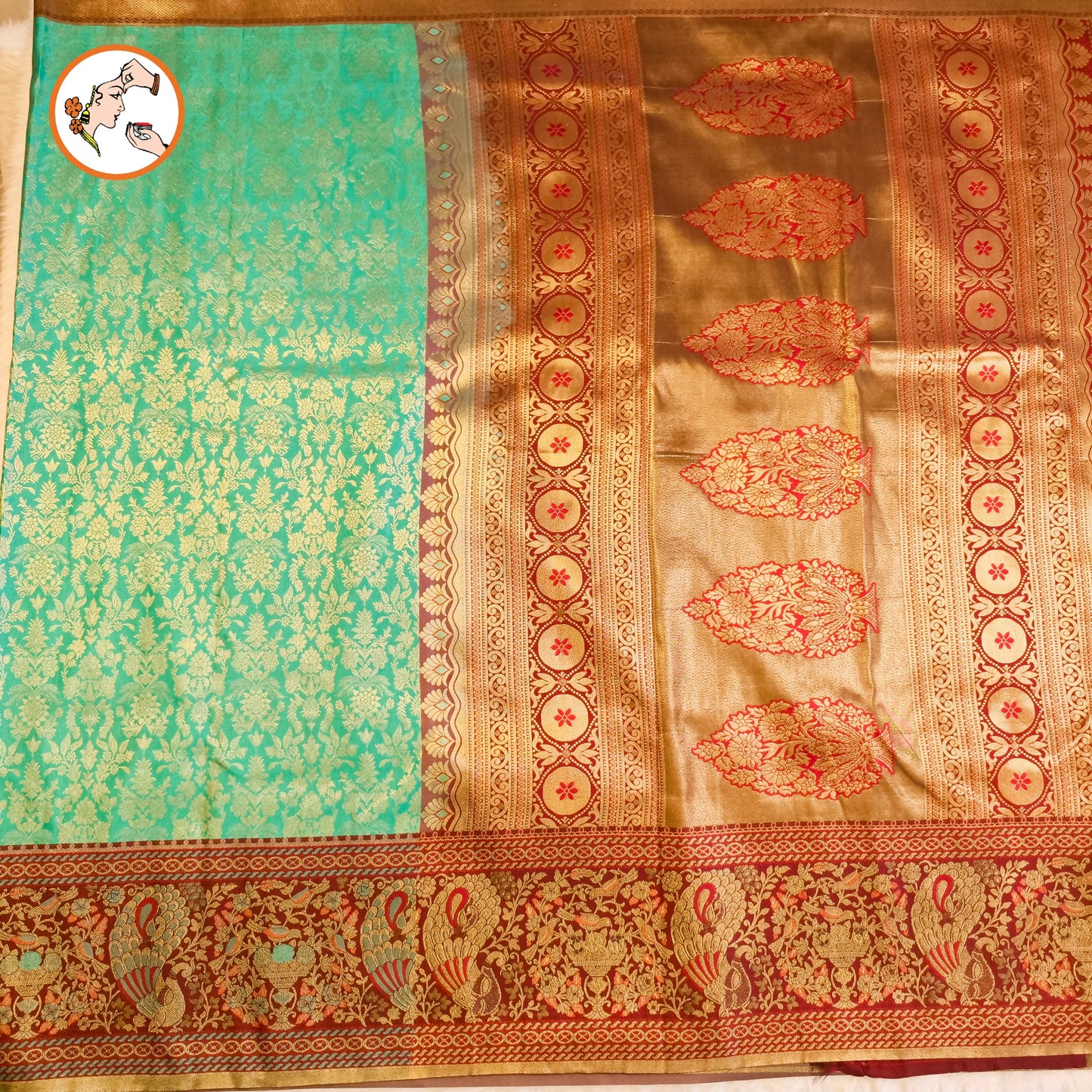 Turquiose Green with Maroon Fancy border Bridal Kanchipuram Mix Silk Saree