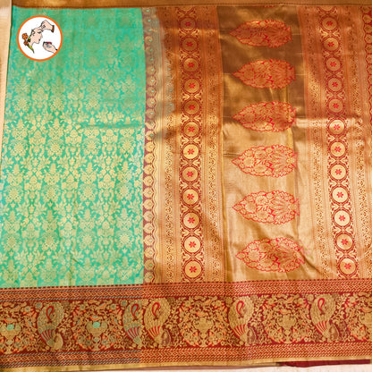Turquiose Green with Maroon Fancy border Bridal Kanchipuram Mix Silk Saree