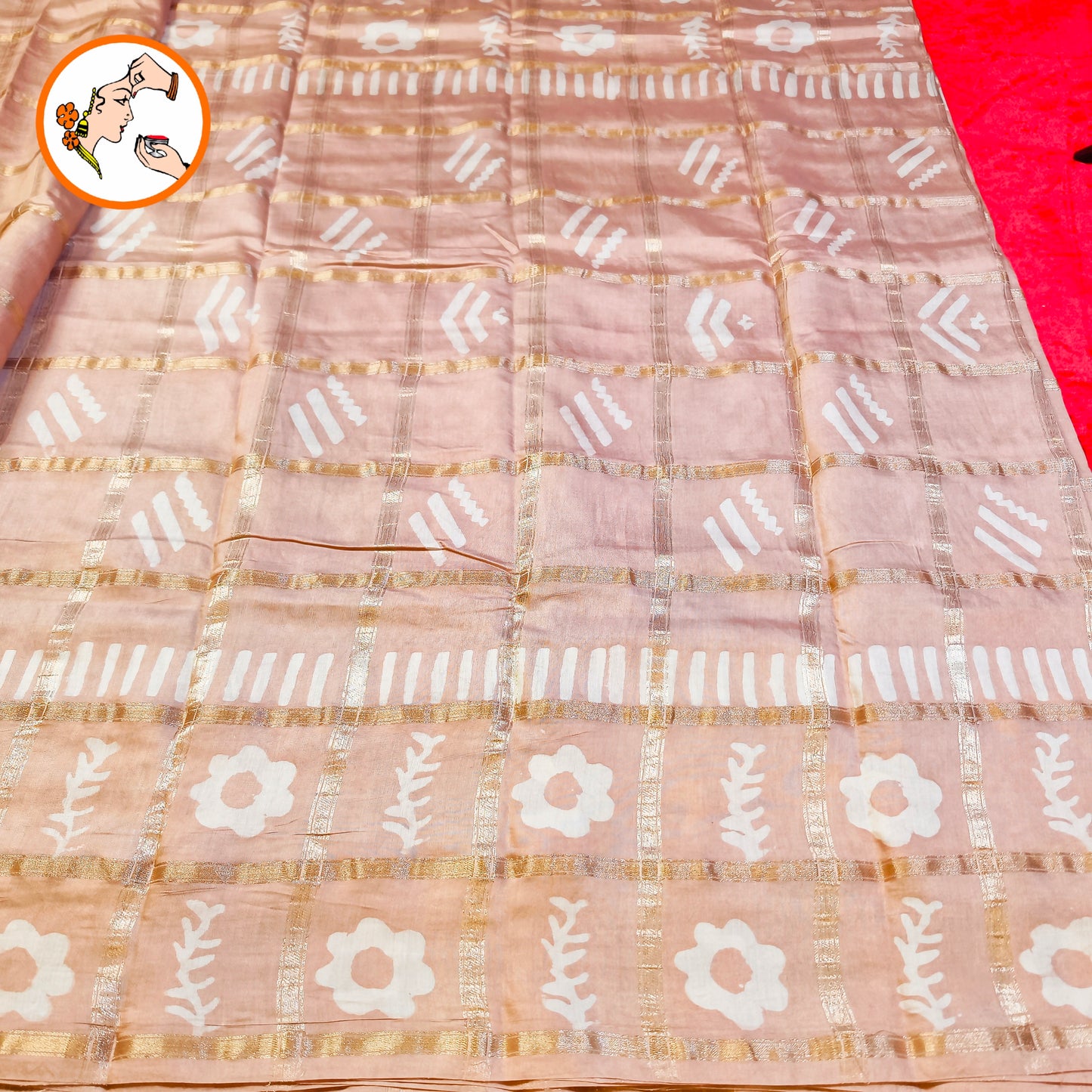 Rosy Beige checks Saree with Flower butta Soft Cotton Casual Saree