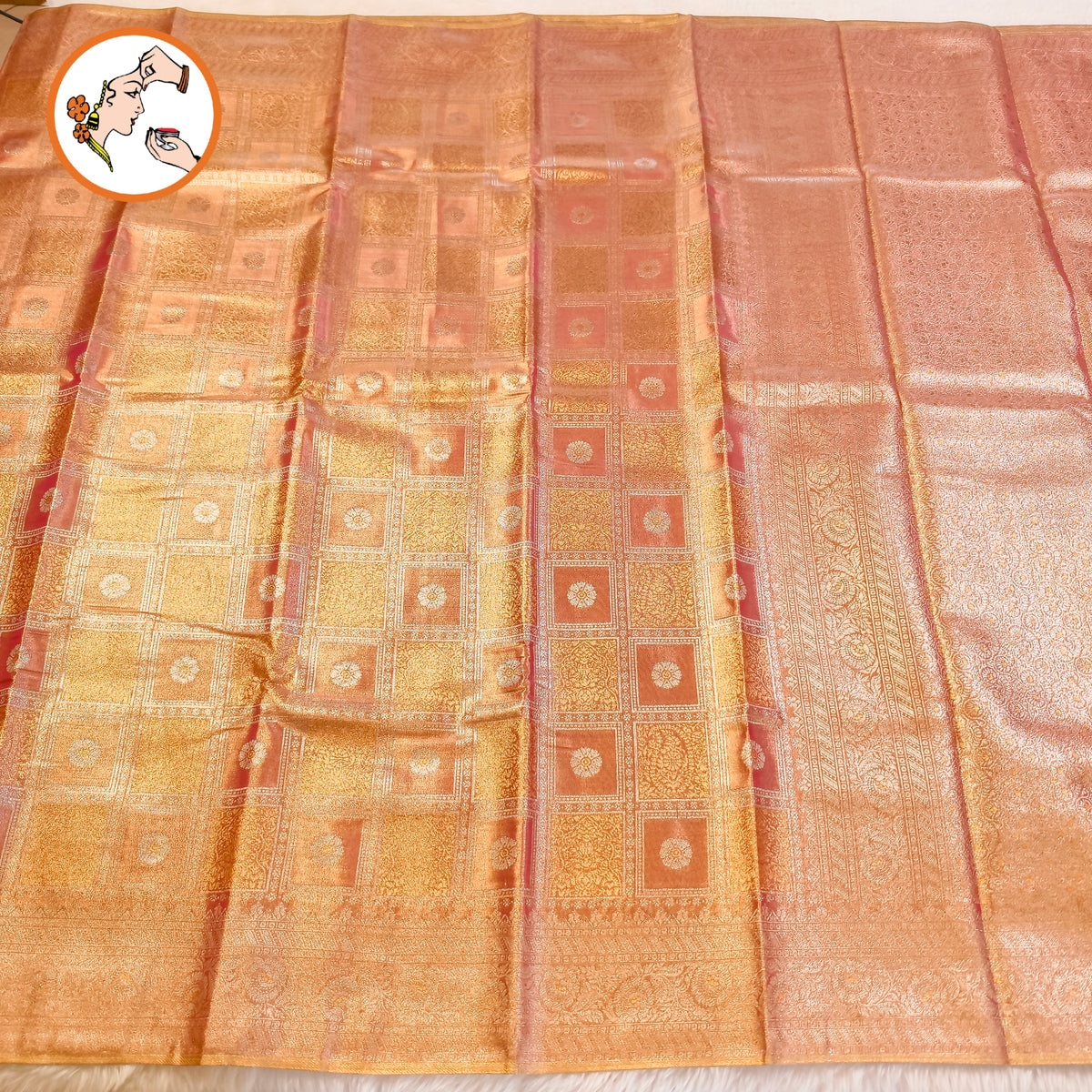 Rose Gold checkered pattern Kanchipuram Bridal High Tissue Silk Saree