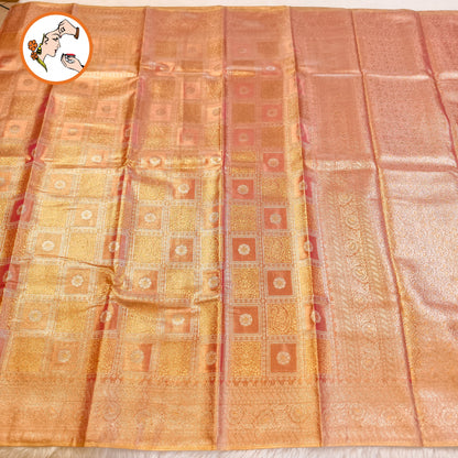 Rose Gold checkered pattern Kanchipuram Bridal High Tissue Silk Saree