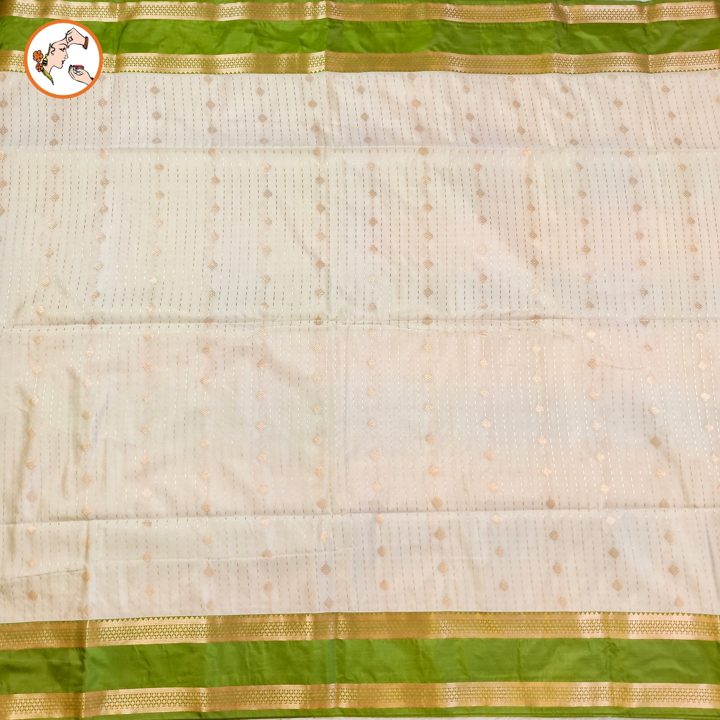 Off white Rain drop design with Parrot Green Retta Petta border Semi Soft Silk Saree