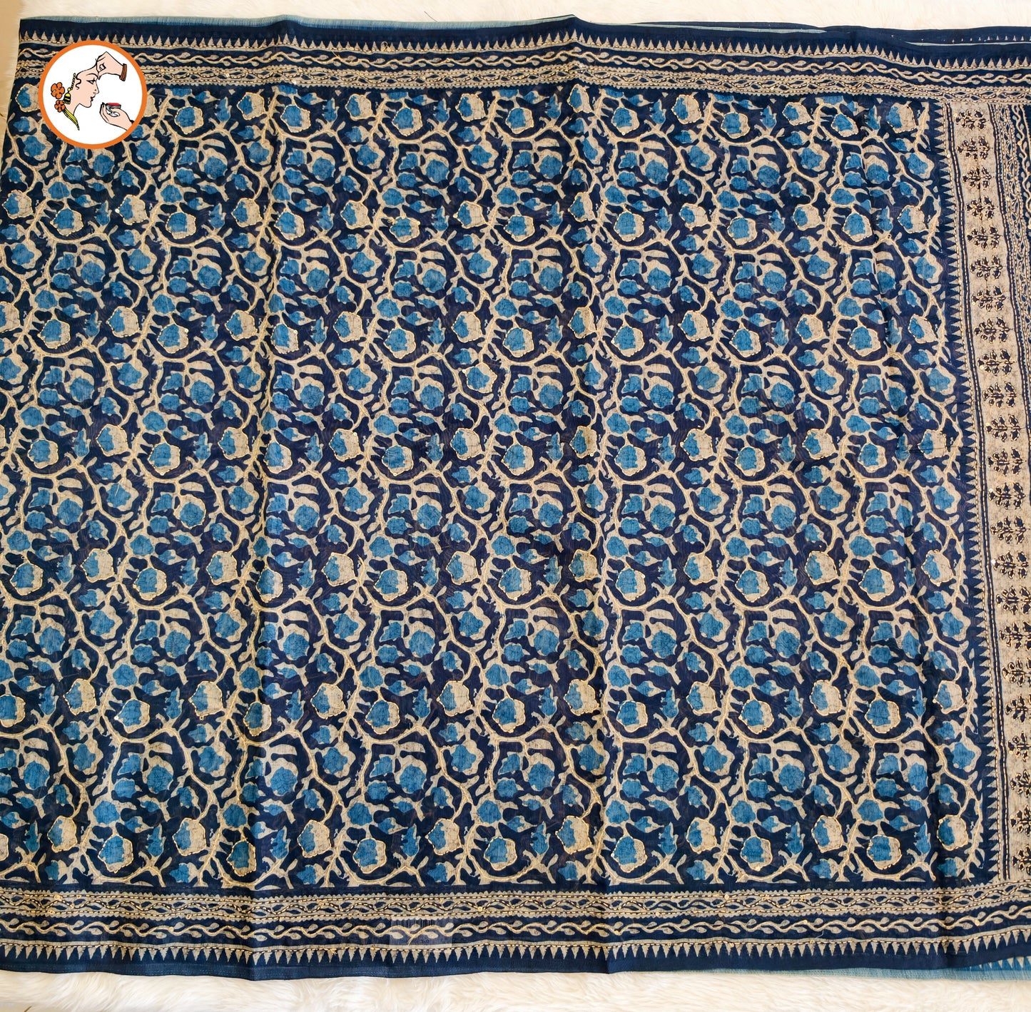 Indigo Blue Chanderi Kantha Embroidary Cotton Casual Saree