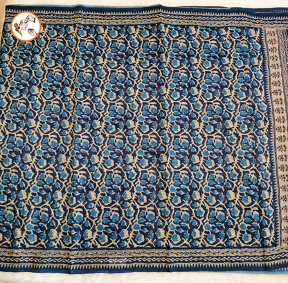 Indigo Blue Chanderi Kantha Embroidary Cotton Casual Saree