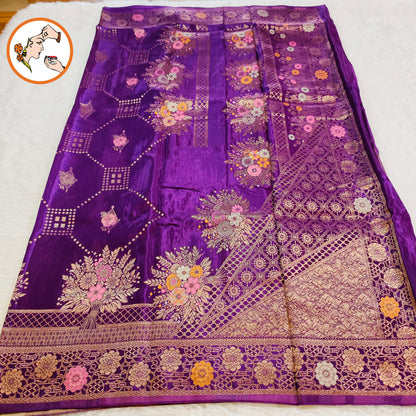 Purple colour Antique Rich Gold zari work Pure Banarasi Russian Satin Silk Fancy Saree