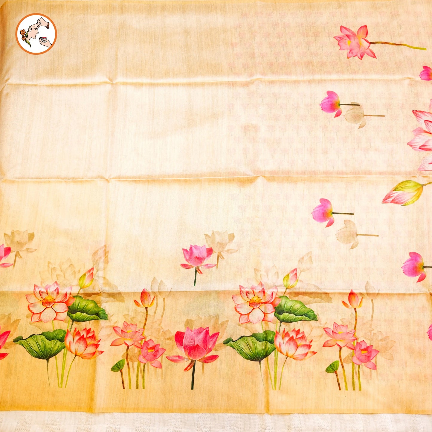 Cream Lotus Floral theme Tussar Saree Vivahasilks