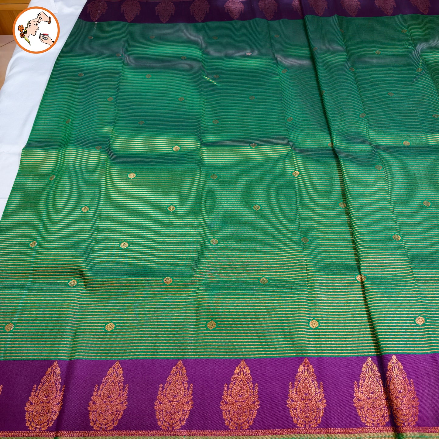 Green & Purple Semi Silk Saree with horizontal stripes & fancy border