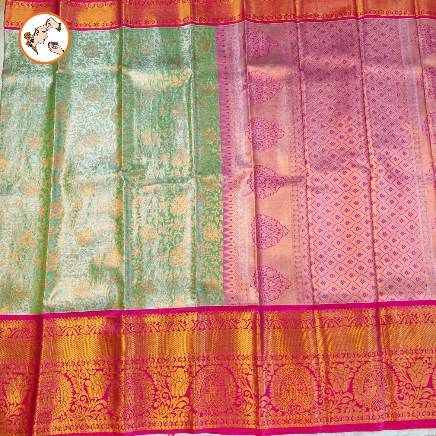 Pista/Sea Green with Pink border Kanchipuram Tissue Silk Saree with Intricate Floral & Vine patters