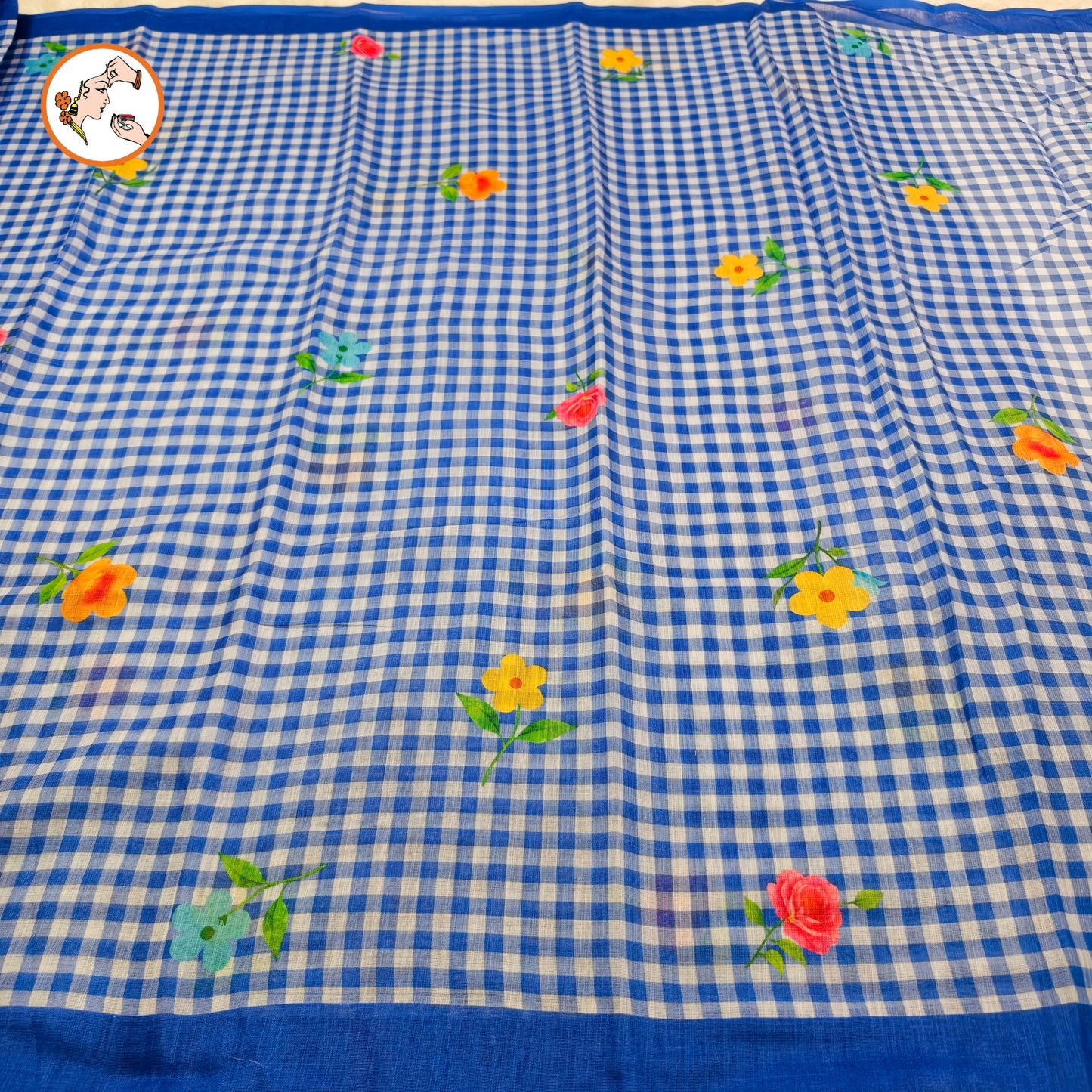 Blue checks pattern Linen Cotton Casual Saree