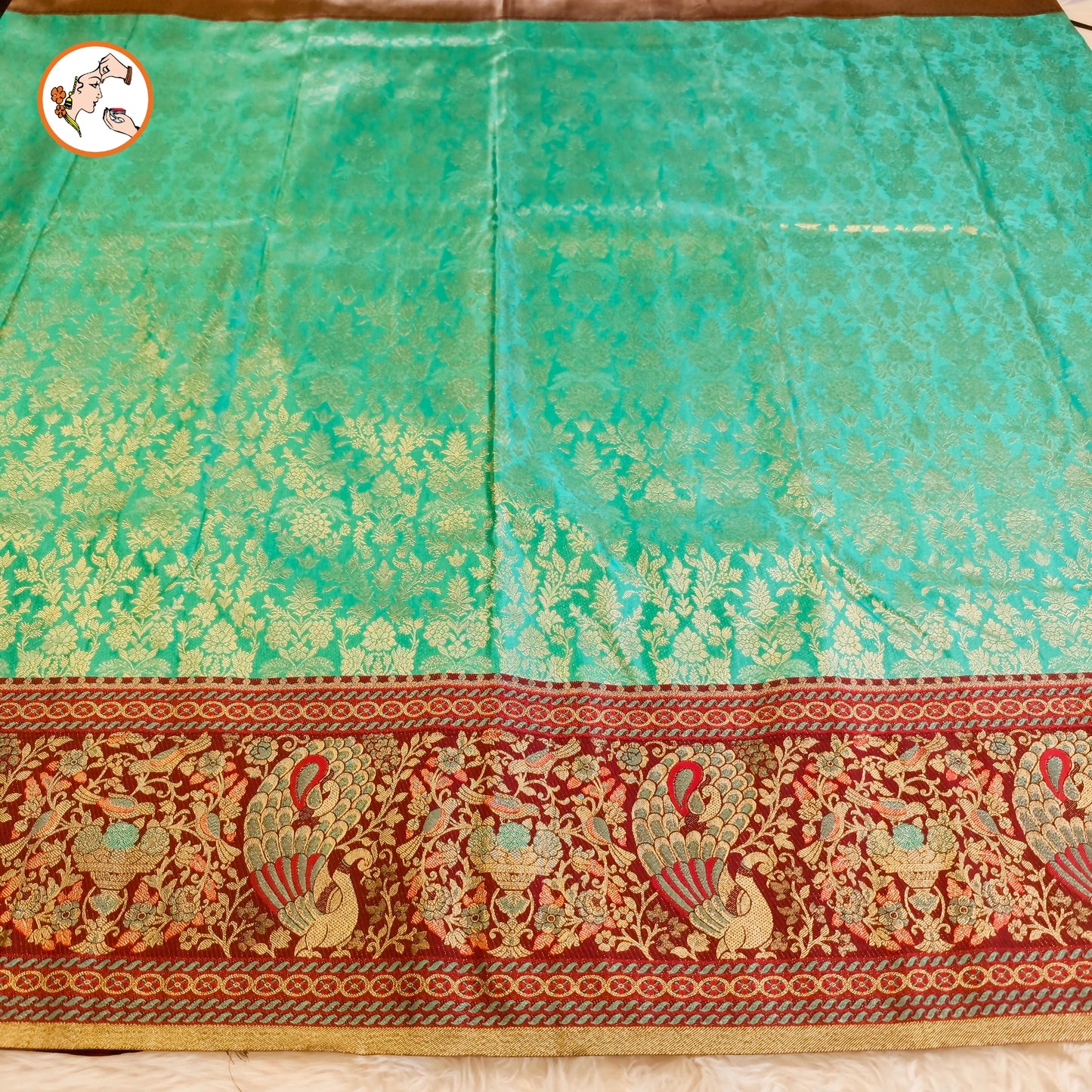 Turquiose Green with Maroon Fancy border Bridal Kanchipuram Mix Silk Saree