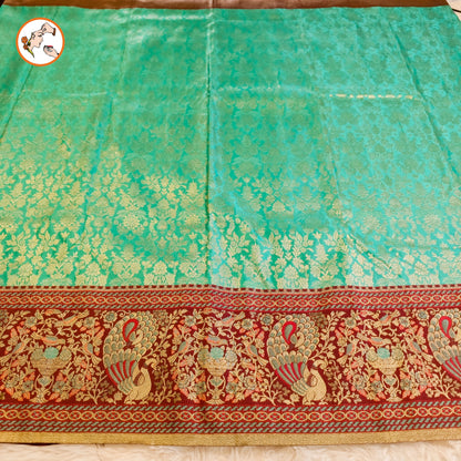 Turquiose Green with Maroon Fancy border Bridal Kanchipuram Mix Silk Saree