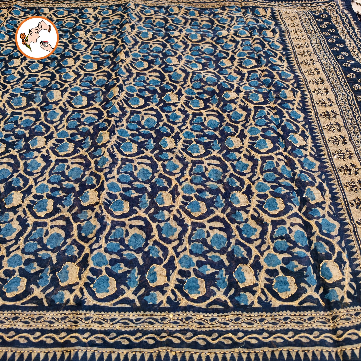 Indigo Blue Chanderi Kantha Embroidary Cotton Casual Saree