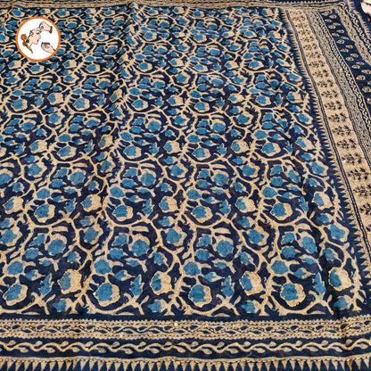 Indigo Blue Chanderi Kantha Embroidary Cotton Casual Saree