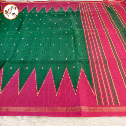 Dark Green with Purple temple border Dola Silk Casual Saree