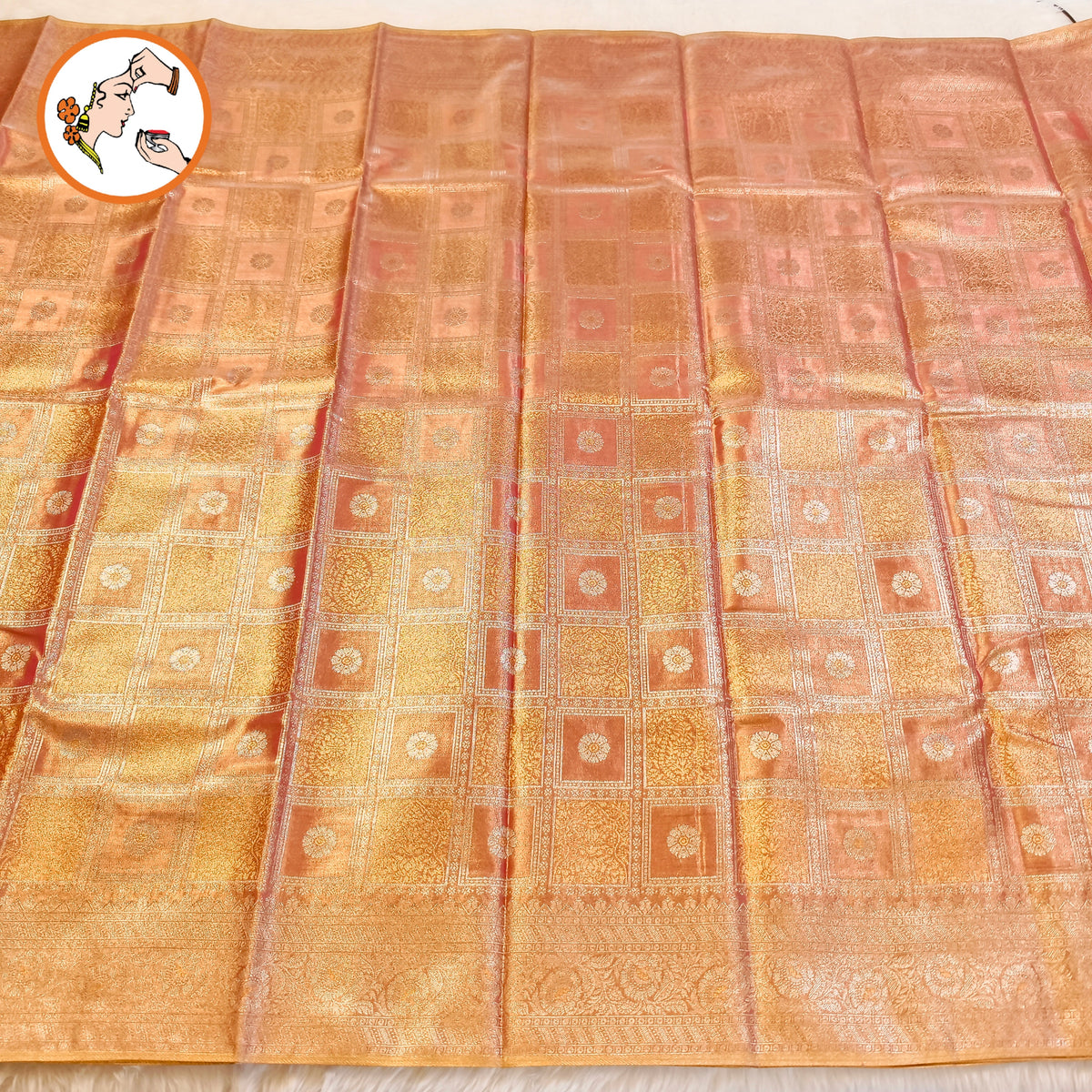 Rose Gold checkered pattern Kanchipuram Bridal High Tissue Silk Saree