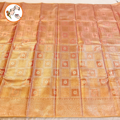 Rose Gold checkered pattern Kanchipuram Bridal High Tissue Silk Saree