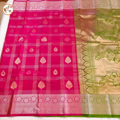 Ranipink Traditional checks Kanchipuram Semi Silk with Parrot Green blouse