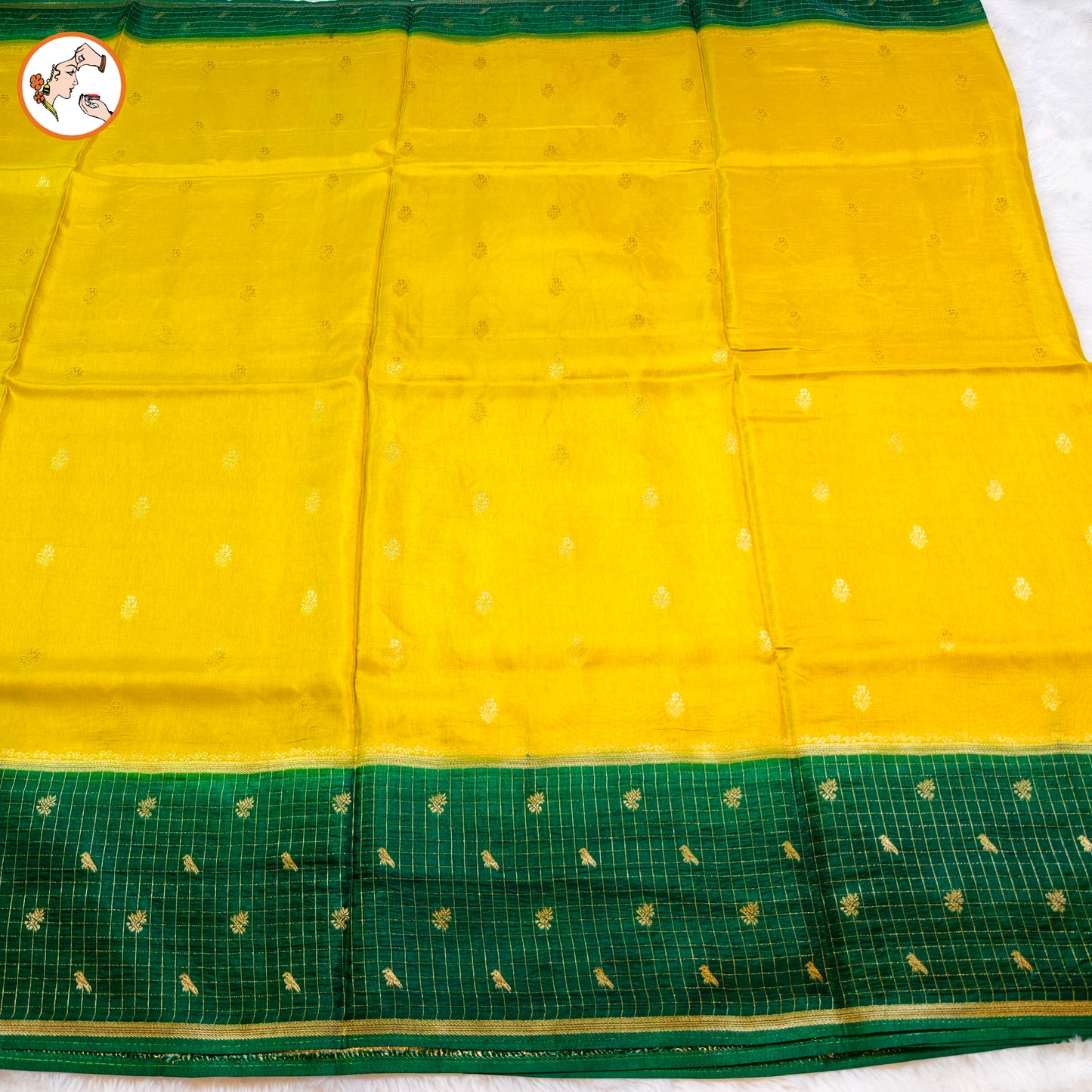 Yellow Viscose Soft Silk Sareewith Dark Green checks border