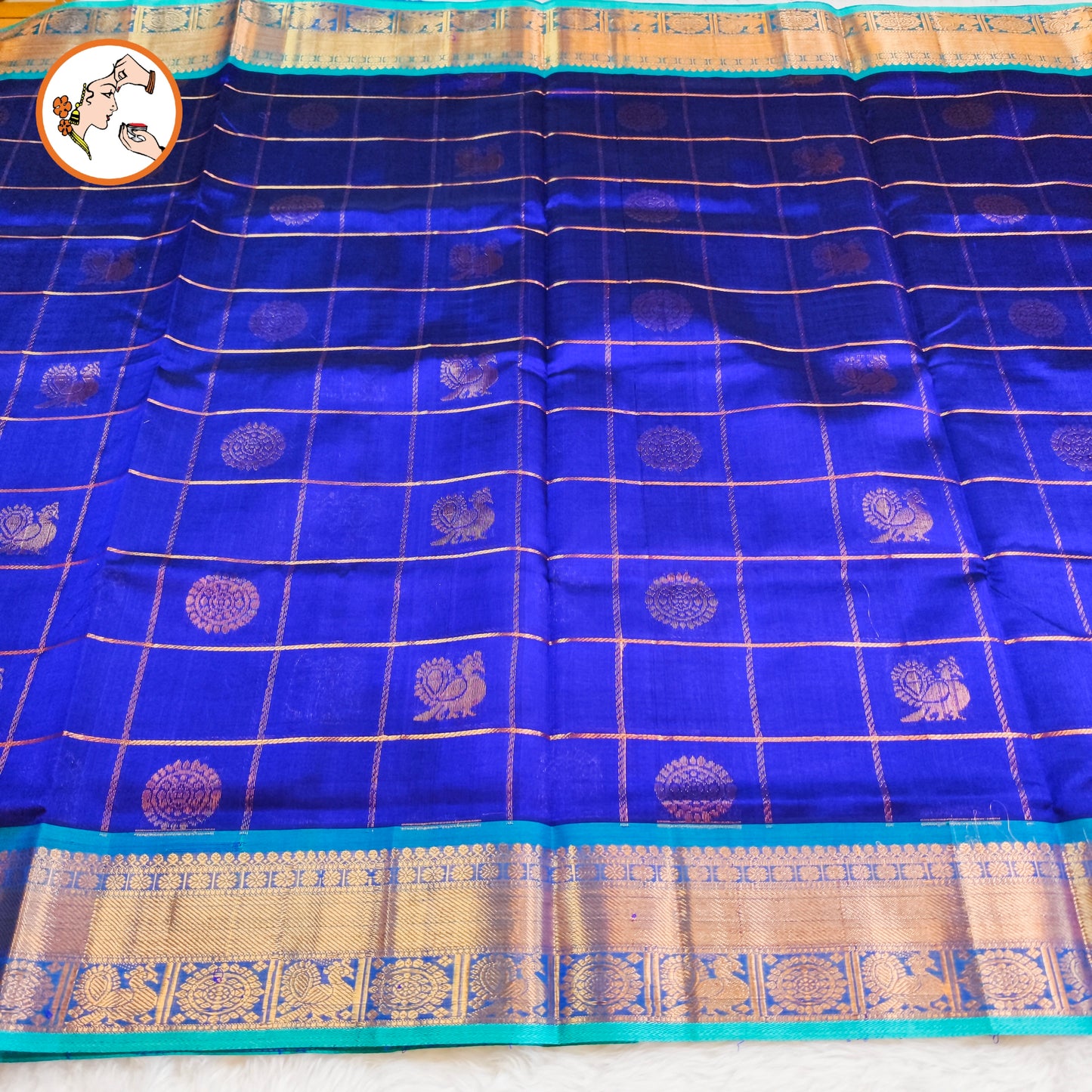 Royal Blue with Sky Blue Traditional Kattam & Mayil chakram design Pure Silk Cotton Saree